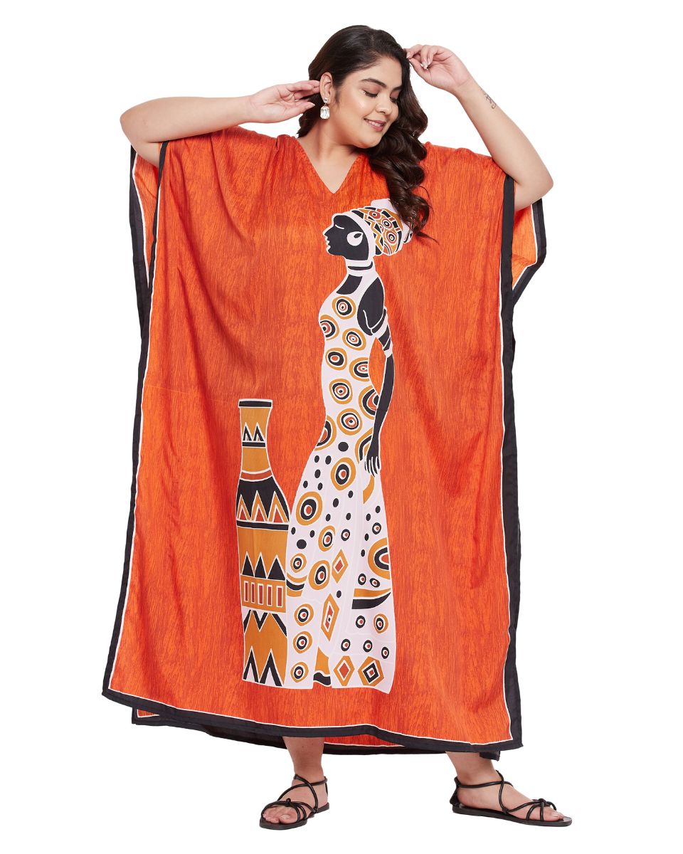 Women Plus Size Kaftan Tribal Printed Orange Polyester