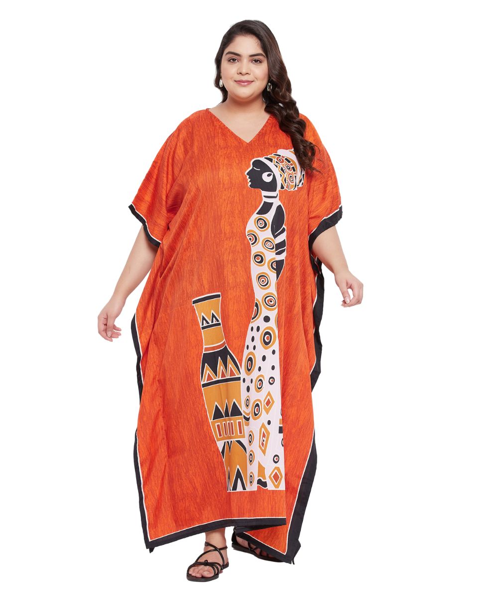 Women Plus Size Kaftan Tribal Printed Orange Polyester