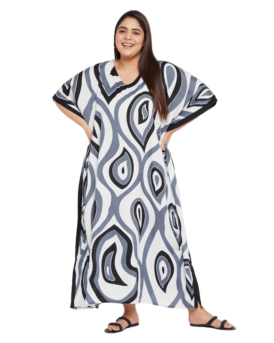 Paisley Printed Black Polyester Plus Size Kaftan Dress For Women
