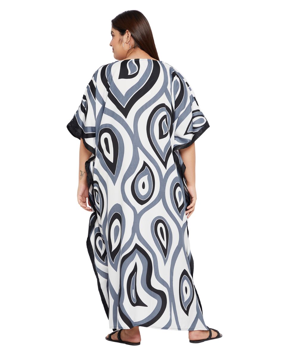 Paisley Printed Black Polyester Plus Size Kaftan Dress For Women