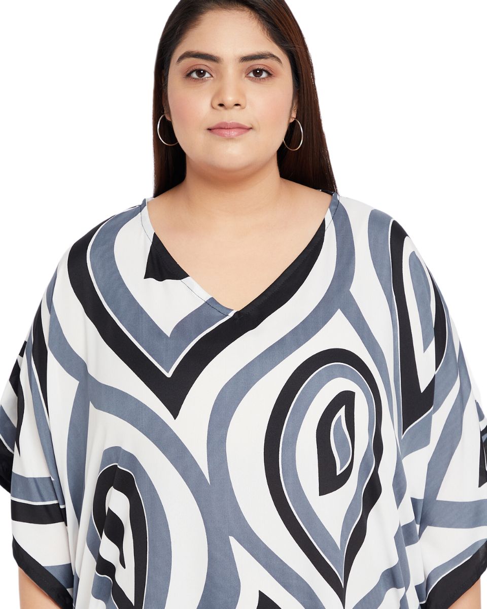 Paisley Printed Black Polyester Plus Size Kaftan Dress For Women