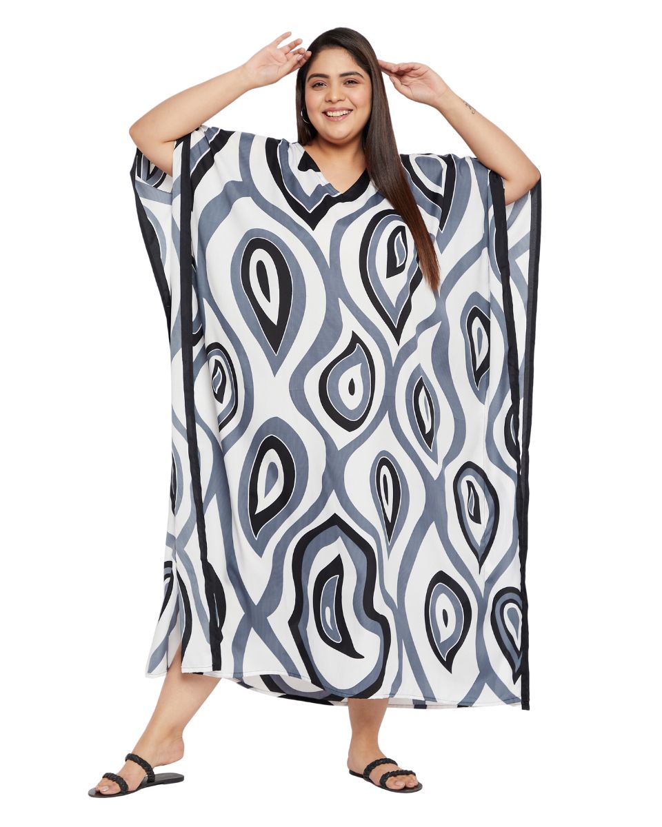 Paisley Printed Black Polyester Plus Size Kaftan Dress For Women