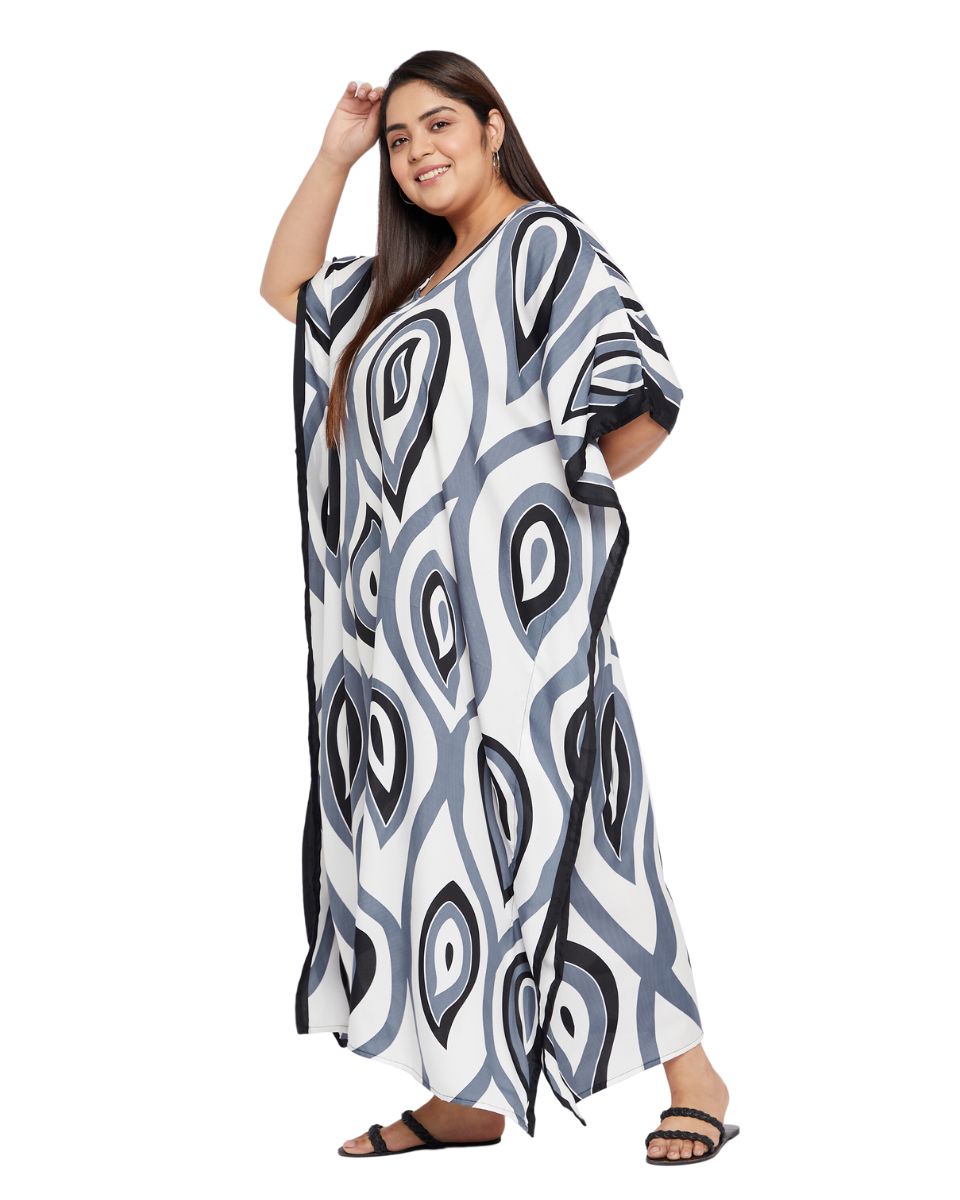 Paisley Printed Black Polyester Plus Size Kaftan Dress For Women