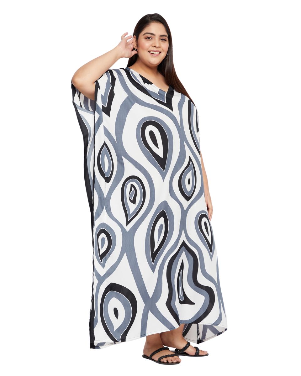Paisley Printed Black Polyester Plus Size Kaftan Dress For Women