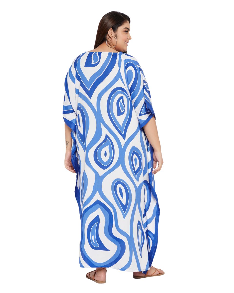 Paisley Printed Blue Polyester Kaftan Dress For Plus Size Women