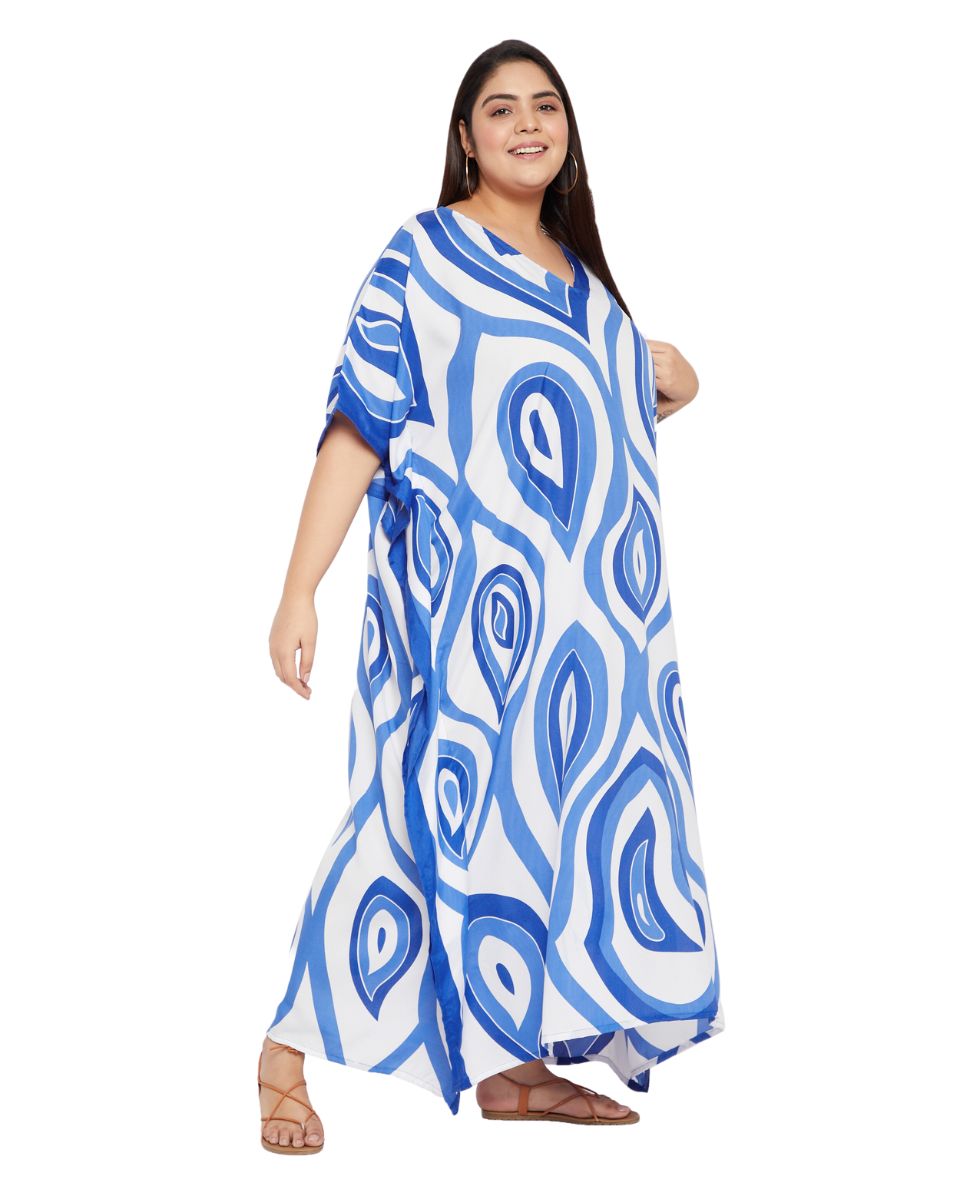 Paisley Printed Blue Polyester Kaftan Dress For Plus Size Women