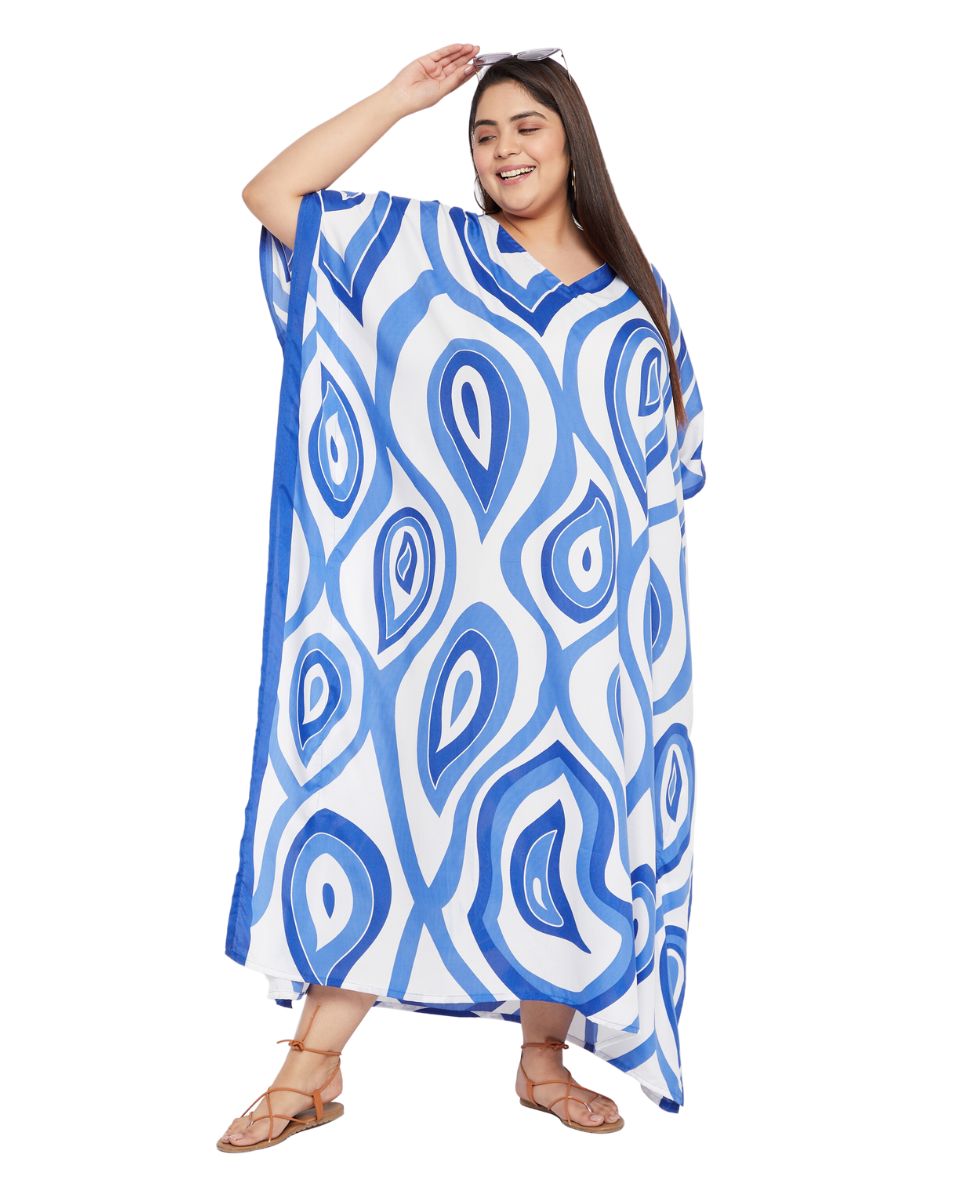 Paisley Printed Blue Polyester Kaftan Dress For Plus Size Women