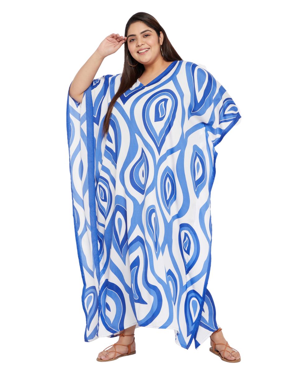 Paisley Printed Blue Polyester Kaftan Dress For Plus Size Women