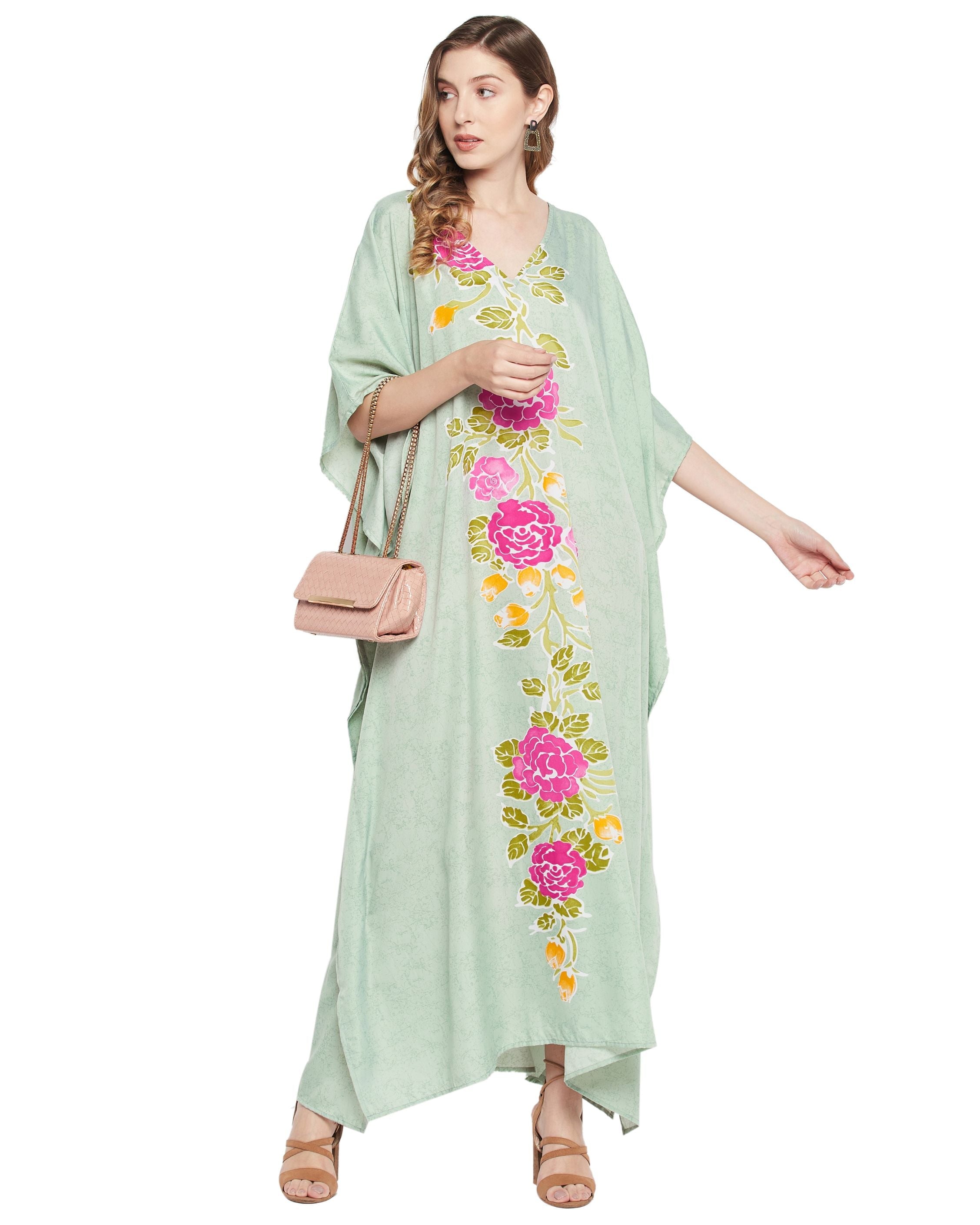 Floral Printed Green Polyester Kaftan Plus Size Dress For Women