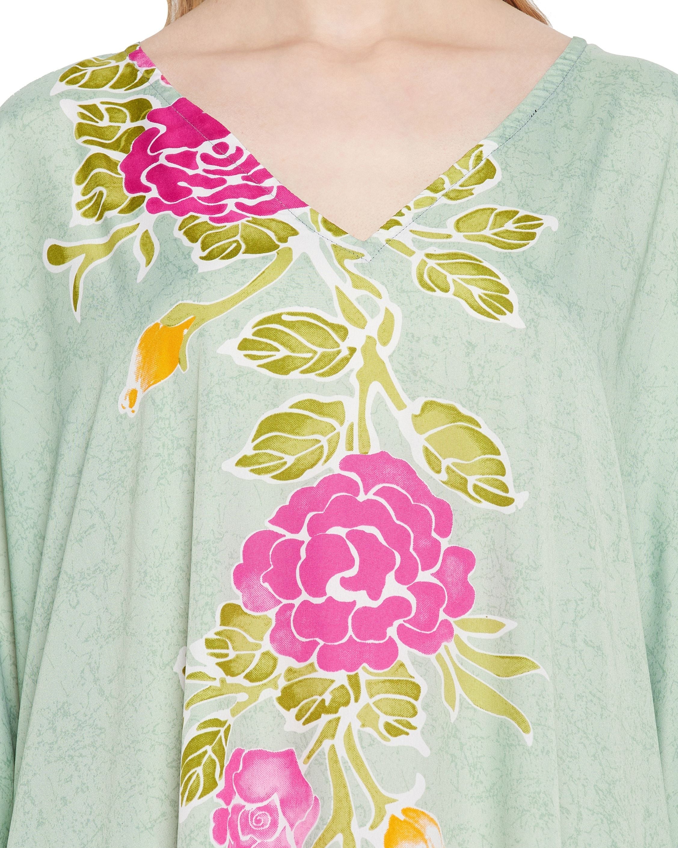 Floral Printed Green Polyester Kaftan Plus Size Dress For Women