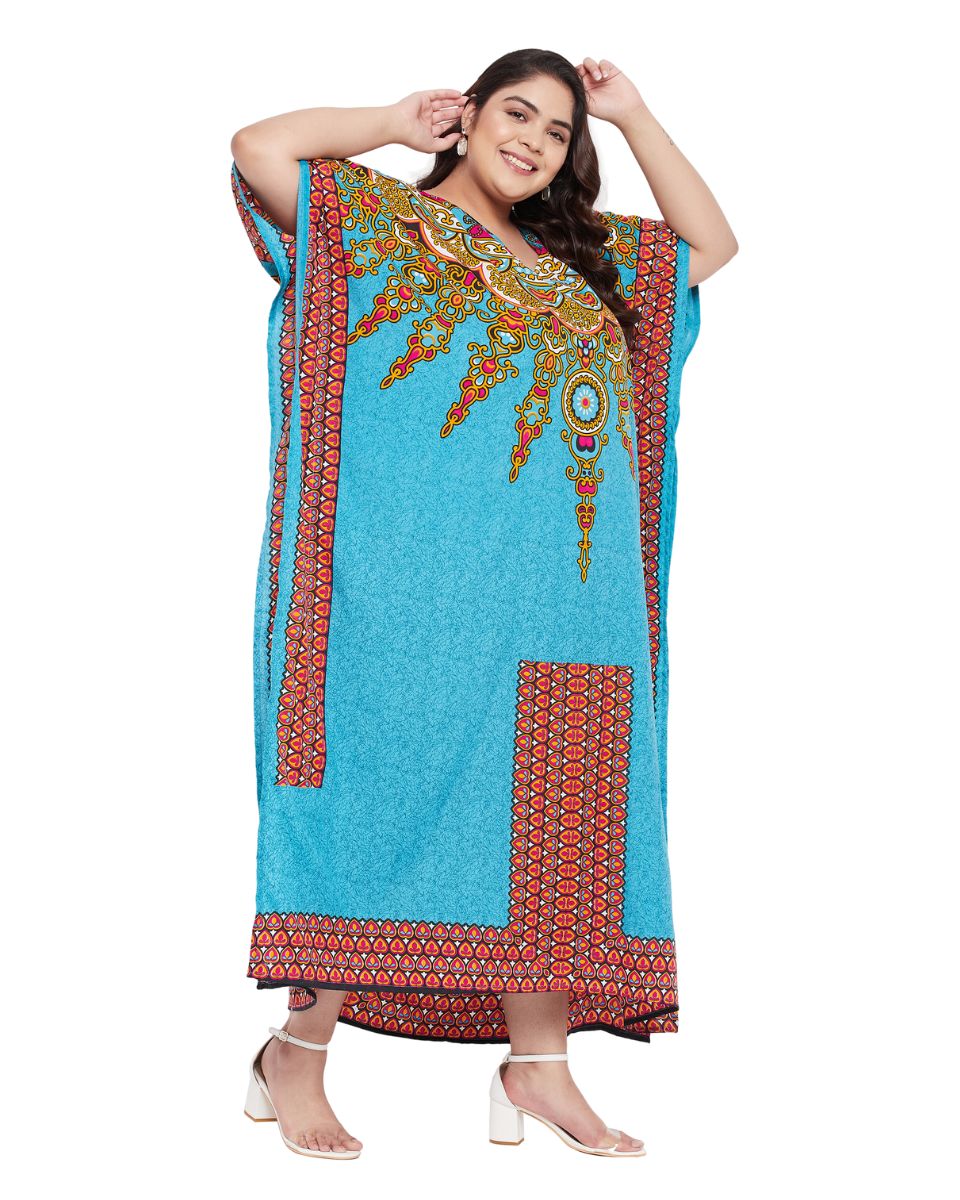 Blue Sky Polyester Tribal Printed Kaftan For Plus Size Women