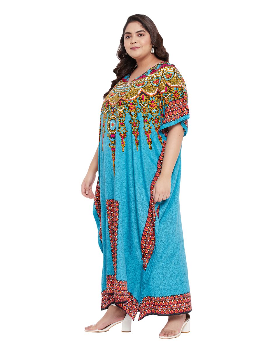 Blue Sky Polyester Tribal Printed Kaftan For Plus Size Women