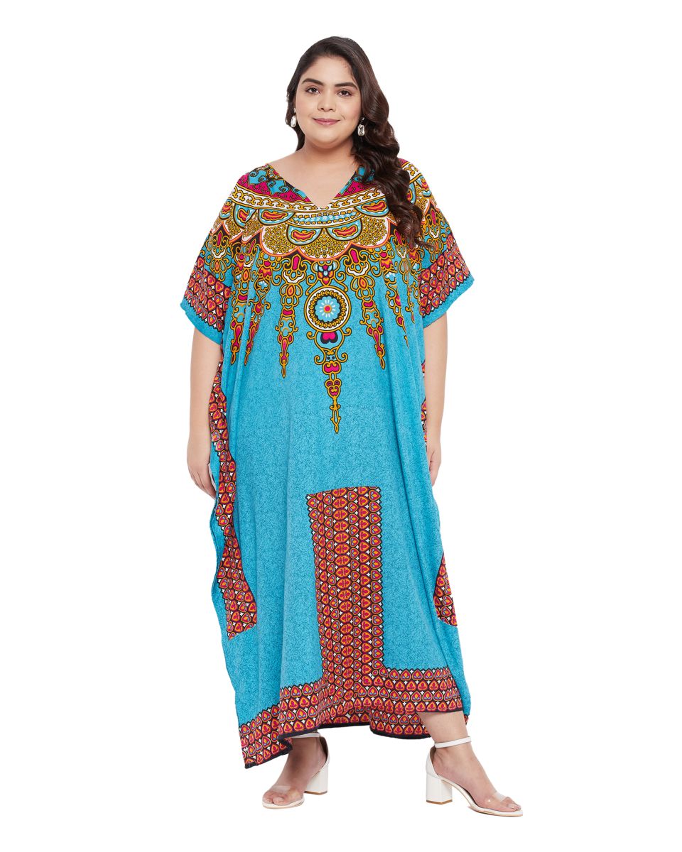 Blue Sky Polyester Tribal Printed Kaftan For Plus Size Women