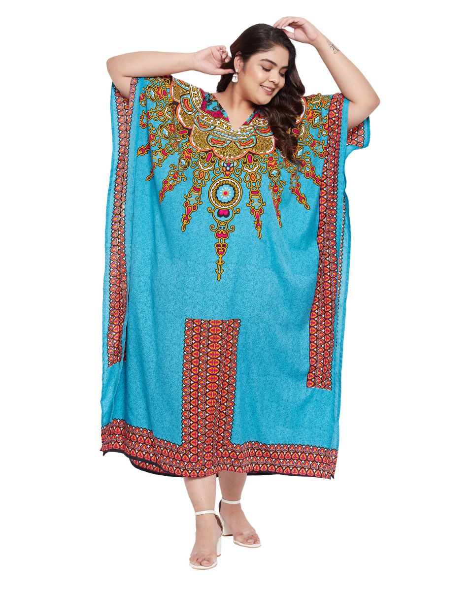 Blue Sky Polyester Tribal Printed Kaftan For Plus Size Women