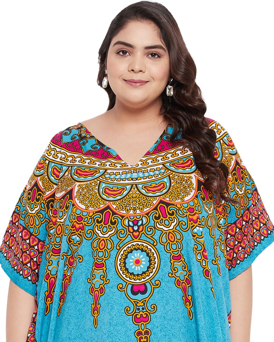 Blue Sky Polyester Tribal Printed Kaftan For Plus Size Women