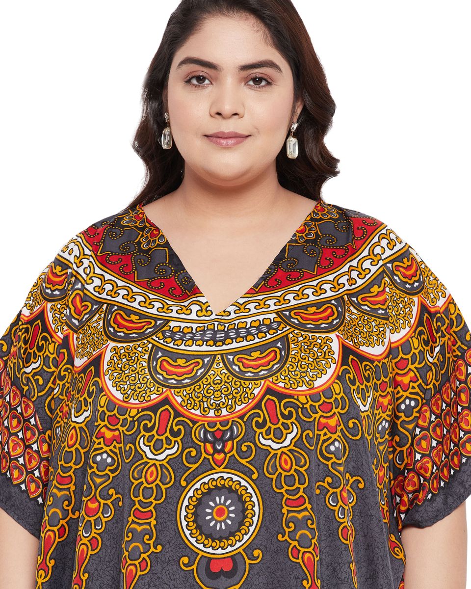 Gray Polyester Kaftan Tribal Printed Plus Size Dress For Women