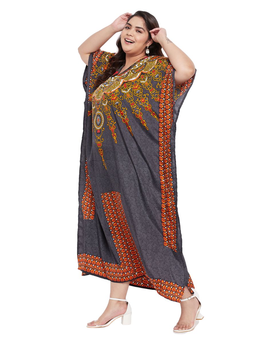 Gray Polyester Kaftan Tribal Printed Plus Size Dress For Women