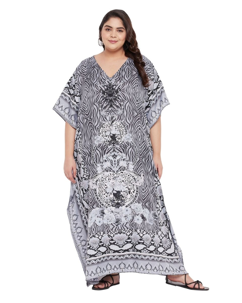 Dress For Plus Size Women Floral Printed Gray Polyester Kaftan