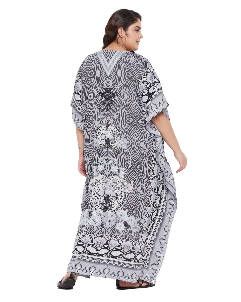 Dress For Plus Size Women Floral Printed Gray Polyester Kaftan