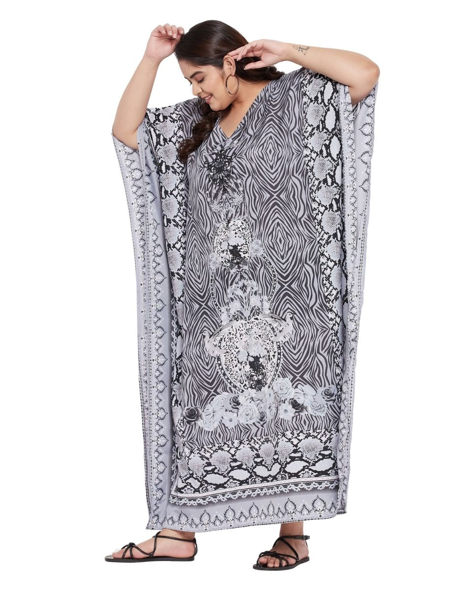 Dress For Plus Size Women Floral Printed Gray Polyester Kaftan