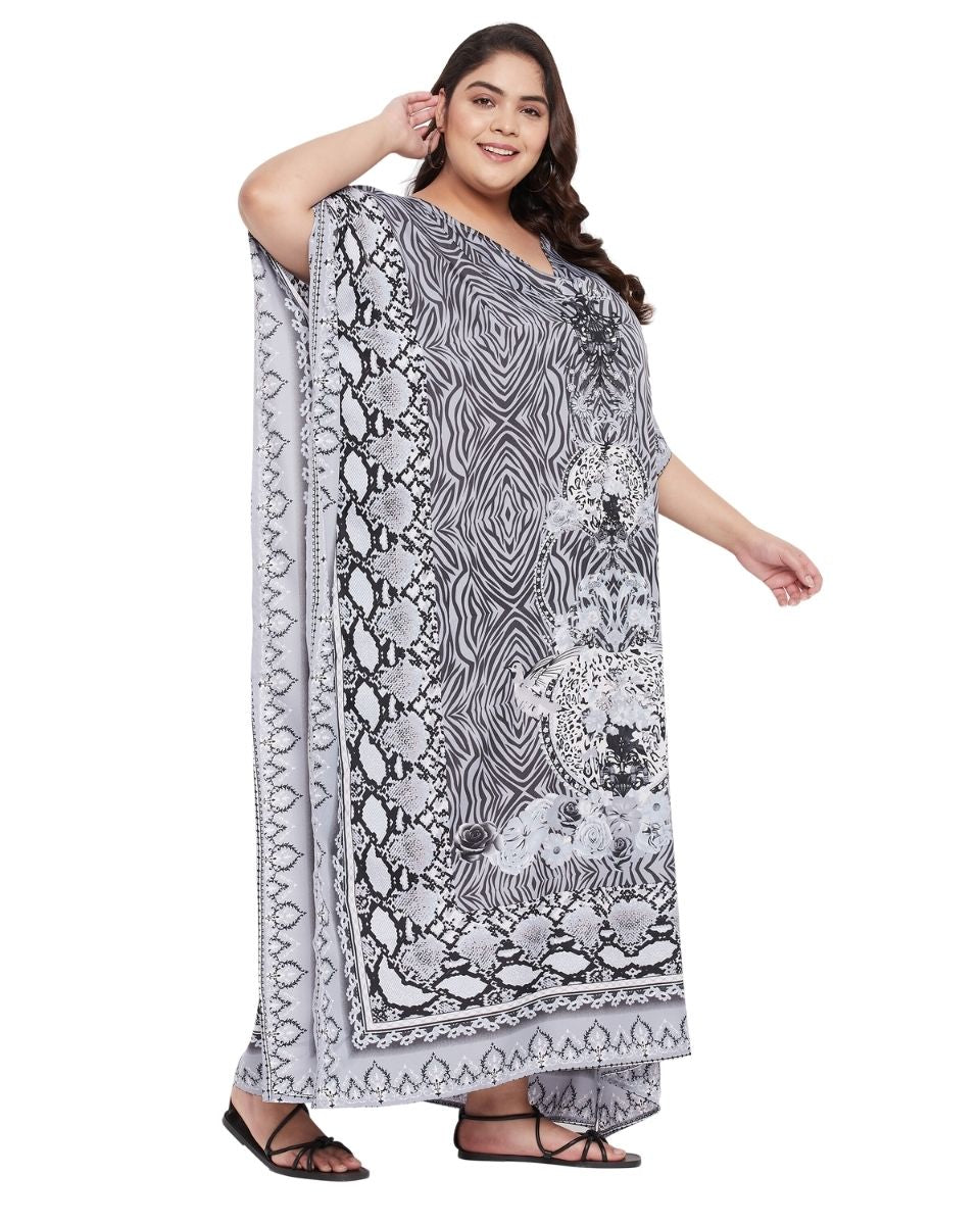 Dress For Plus Size Women Floral Printed Gray Polyester Kaftan