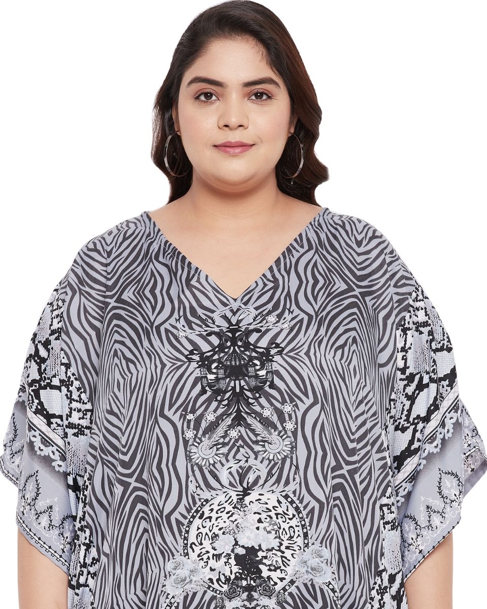 Dress For Plus Size Women Floral Printed Gray Polyester Kaftan