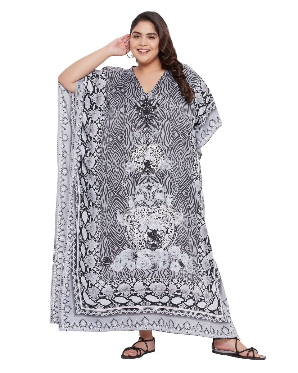 Dress For Plus Size Women Floral Printed Gray Polyester Kaftan