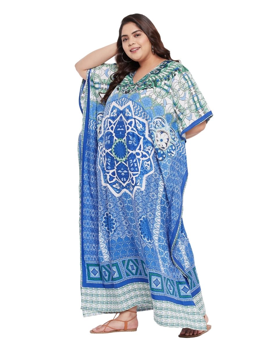 Mandala Printed Sky Blue Polyester Kaftan Dress For Plus Size Women