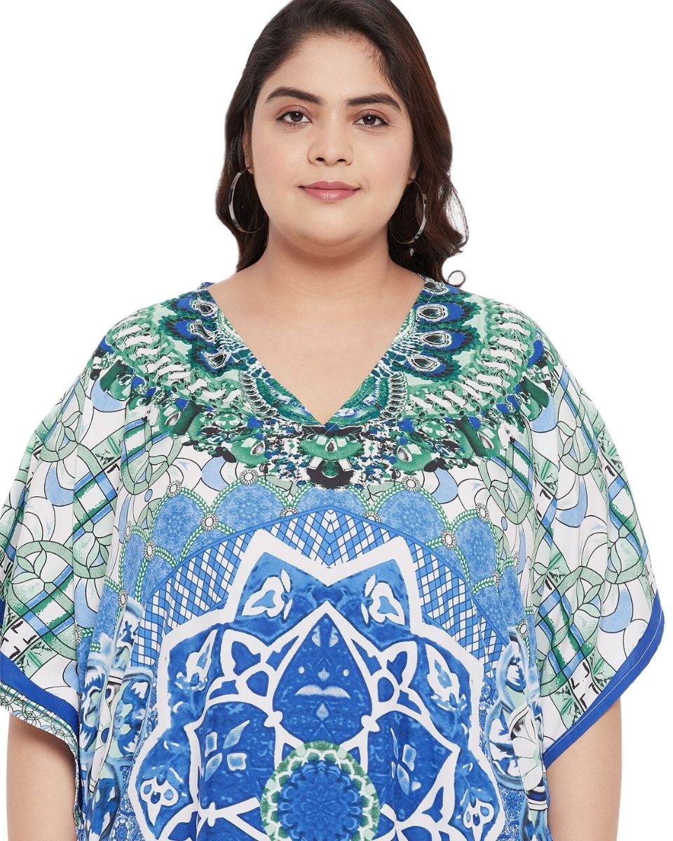 Mandala Printed Sky Blue Polyester Kaftan Dress For Plus Size Women