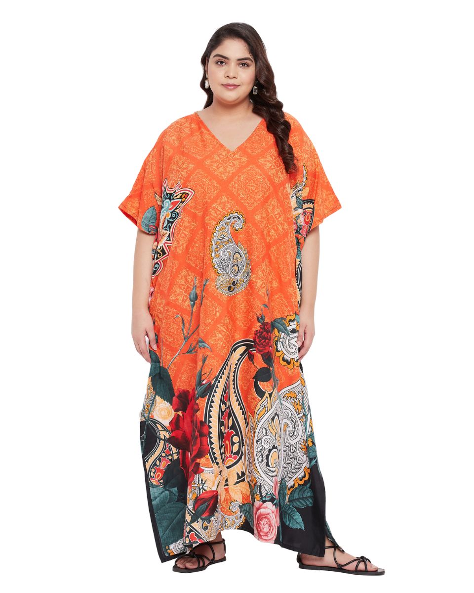 Floral Printed Orange Polyester Plus Size Kaftan Dress For Women