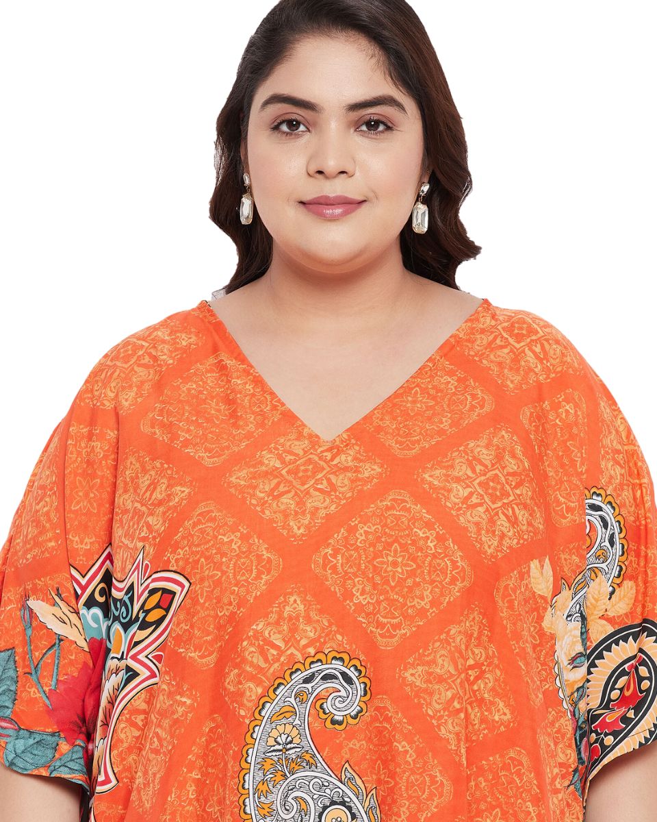 Floral Printed Orange Polyester Plus Size Kaftan Dress For Women