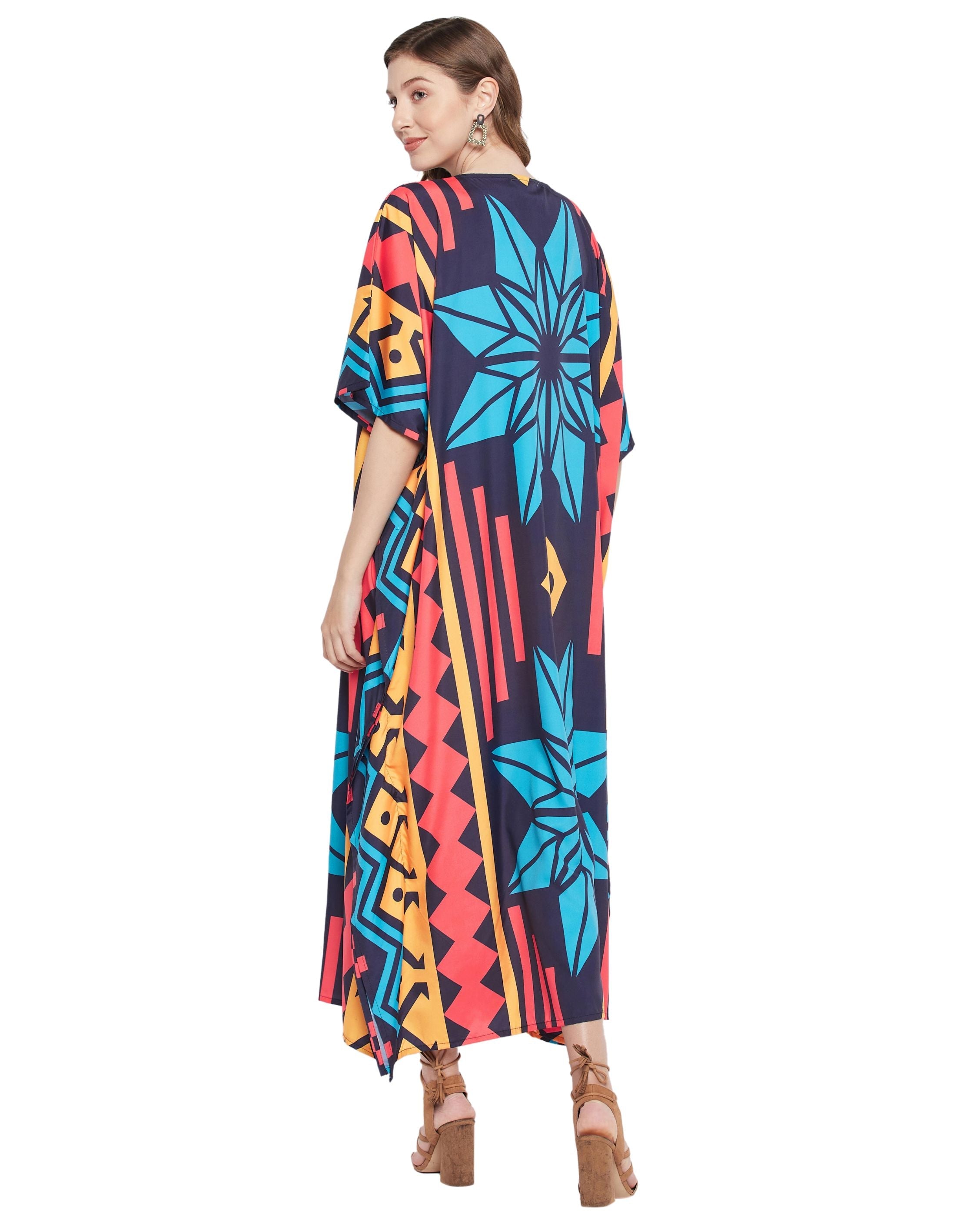 Abstract Printed Multicolor Polyester Kaftan Dress For Plus Size Women