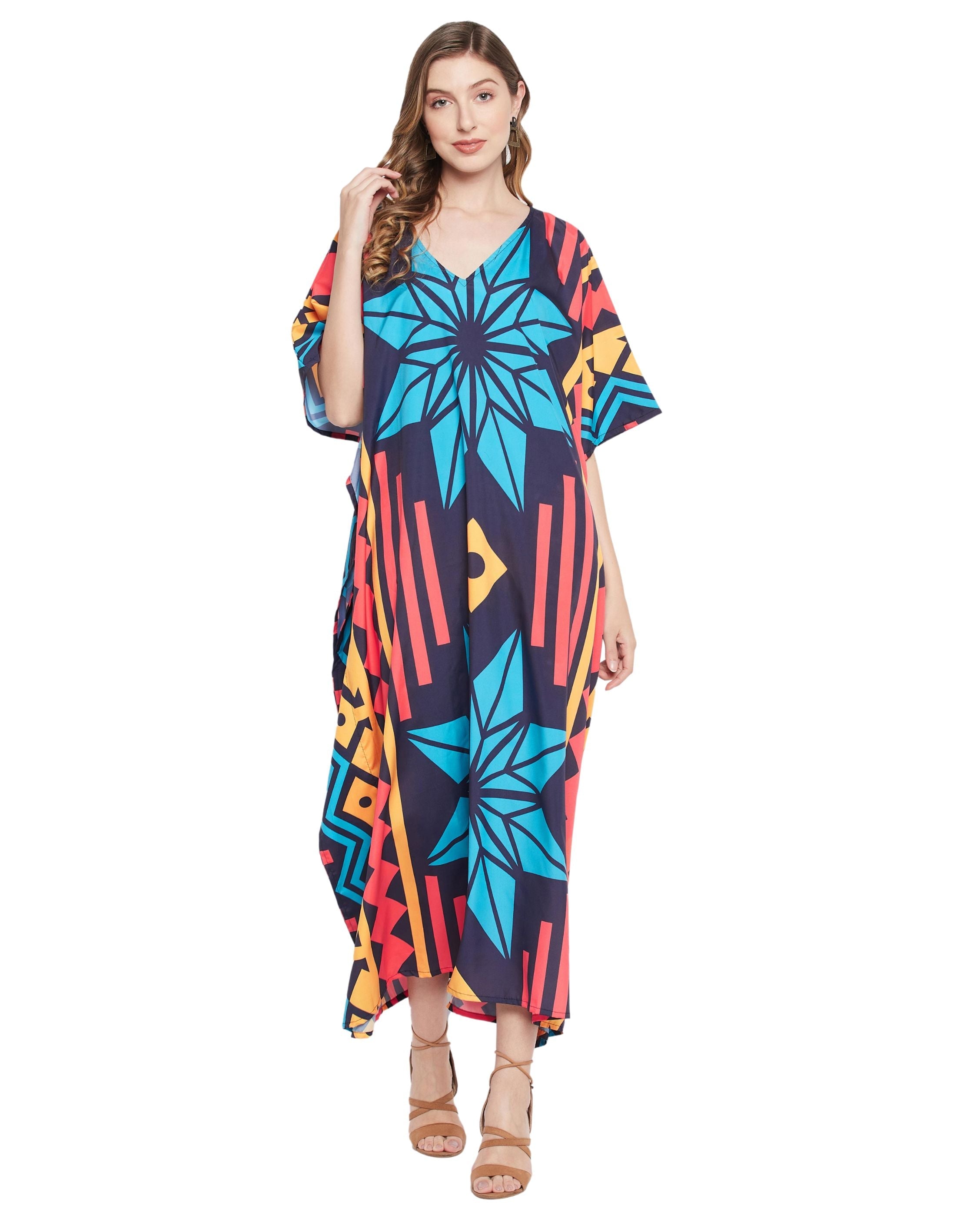 Abstract Printed Multicolor Polyester Kaftan Dress For Plus Size Women