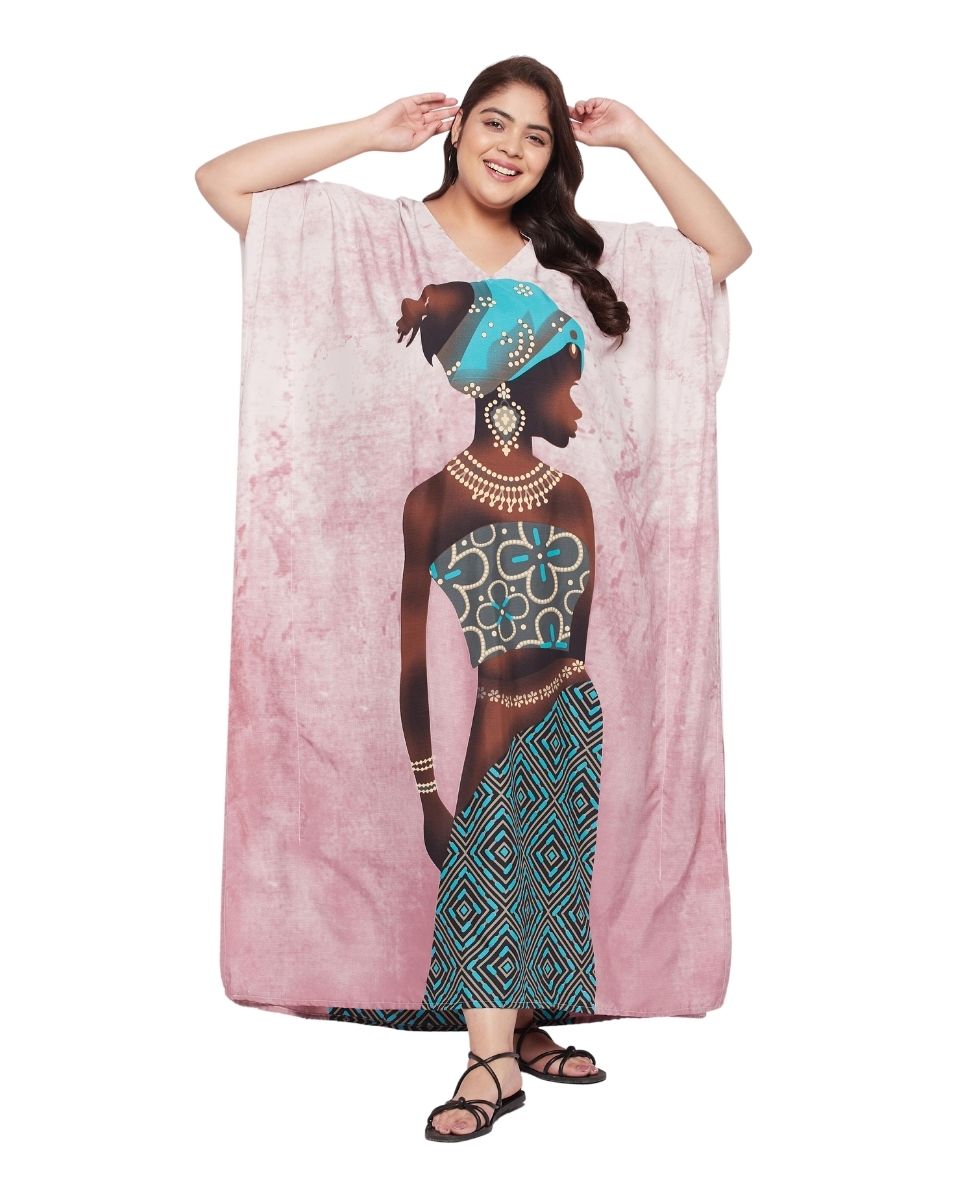 Printed Tribal Pink Polyester Kaftan Dress For Plus Size Women