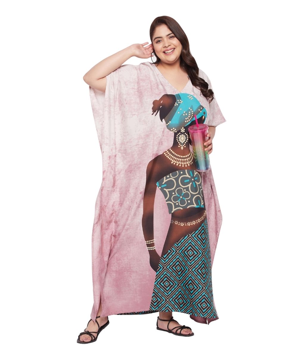 Printed Tribal Pink Polyester Kaftan Dress For Plus Size Women