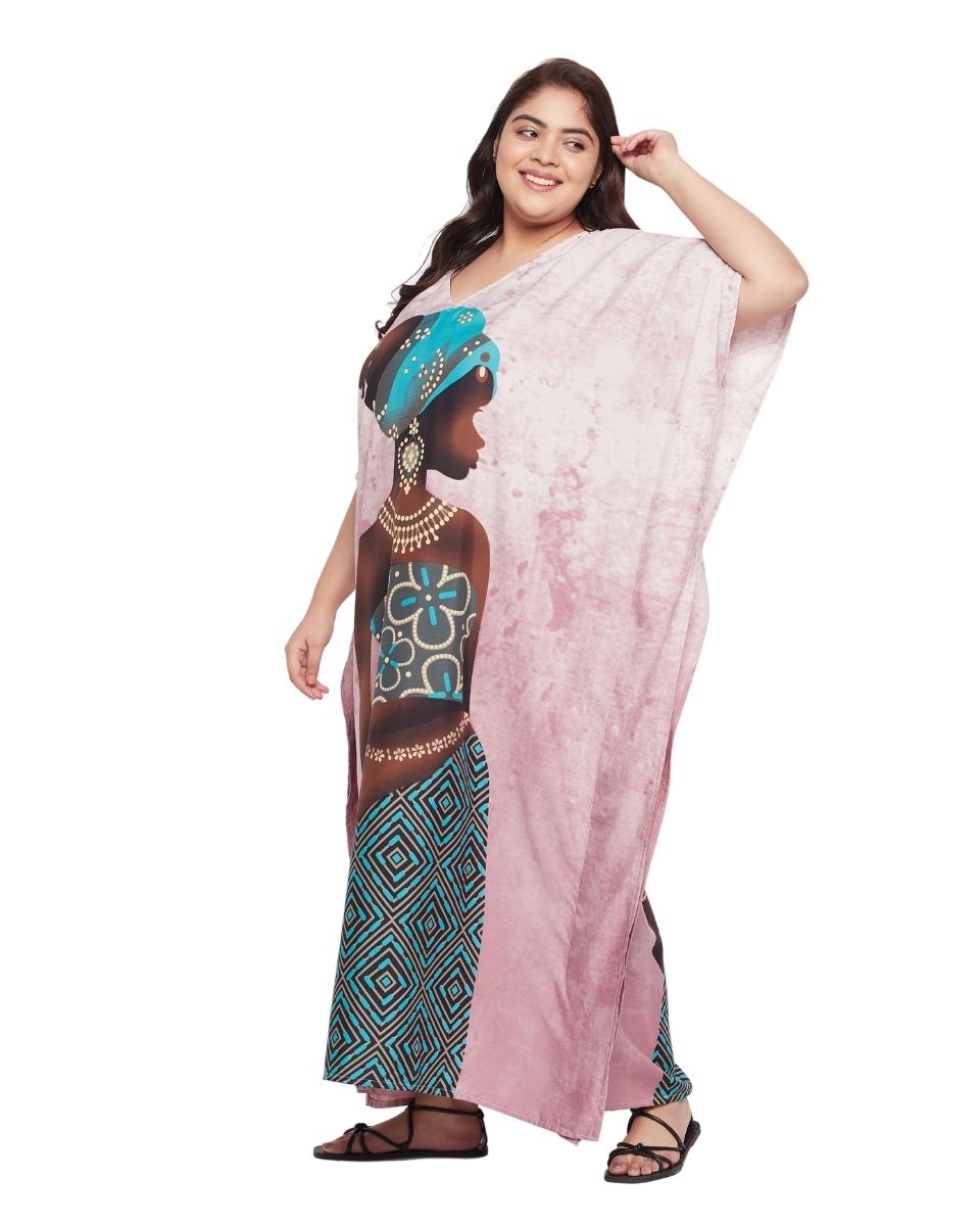 Printed Tribal Pink Polyester Kaftan Dress For Plus Size Women