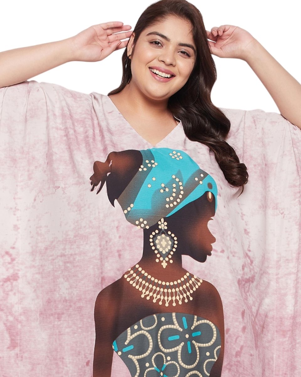 Printed Tribal Pink Polyester Kaftan Dress For Plus Size Women