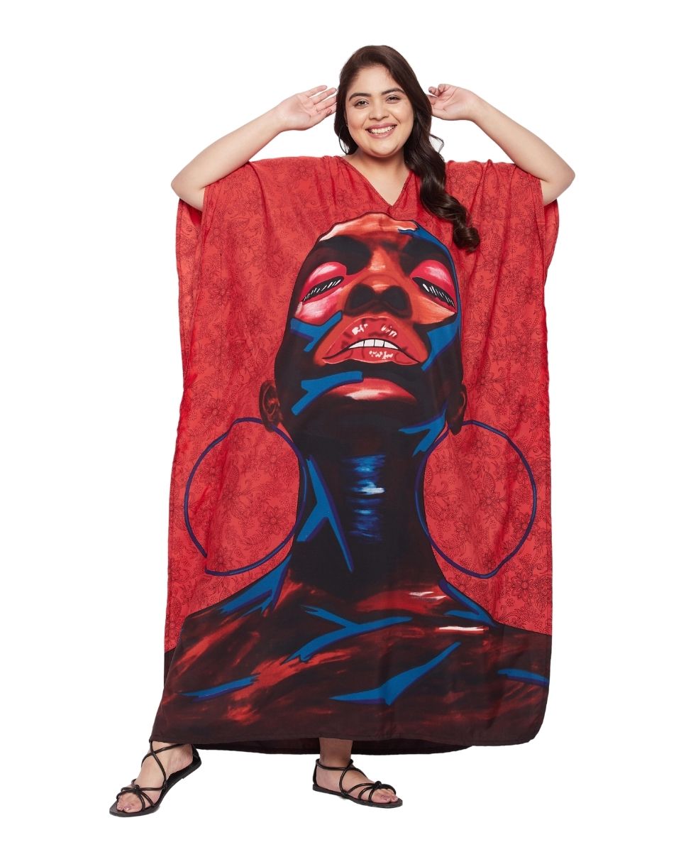 Kaftan Dress For Plus Size Women Tribal Printed Red Polyester