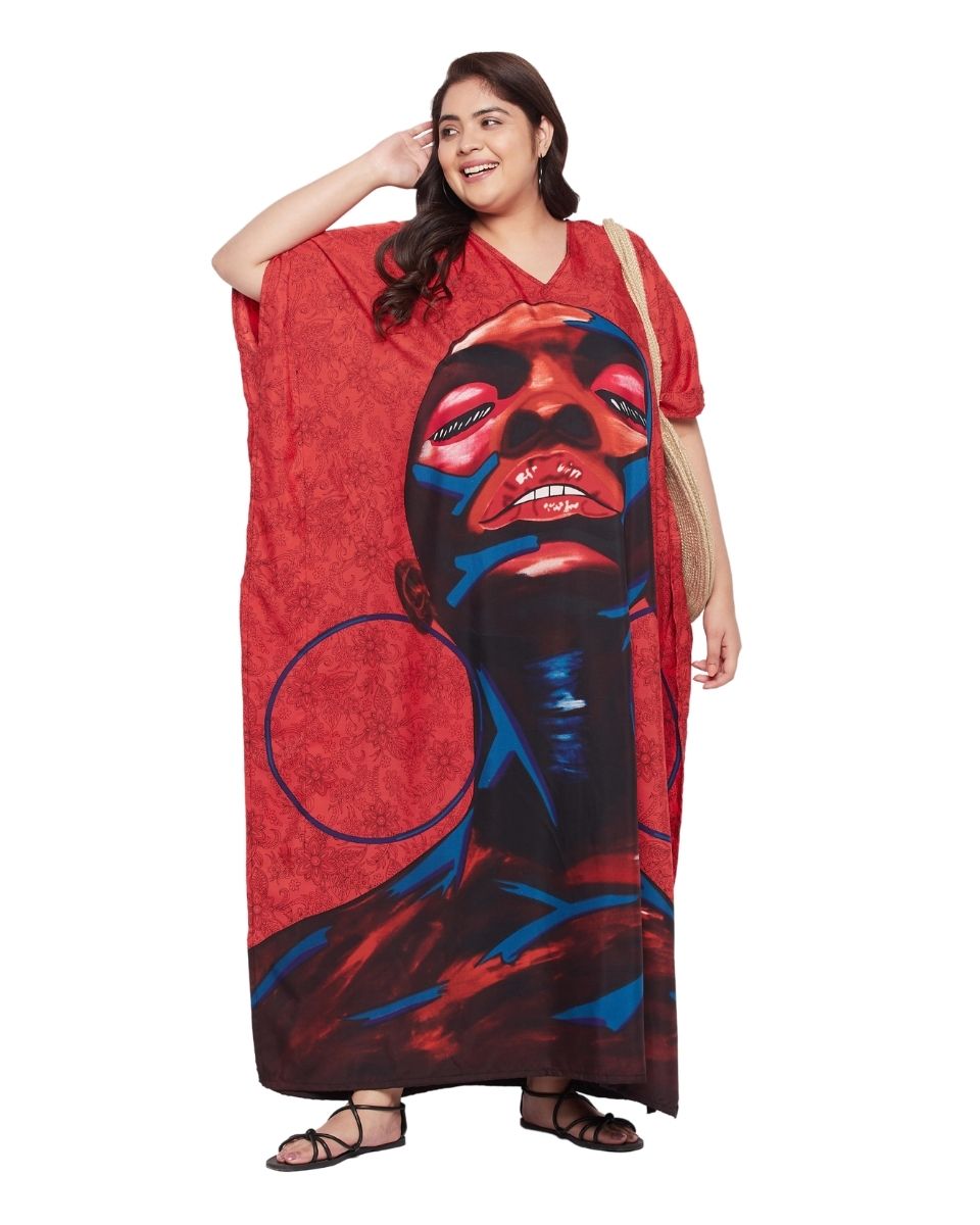 Kaftan Dress For Plus Size Women Tribal Printed Red Polyester