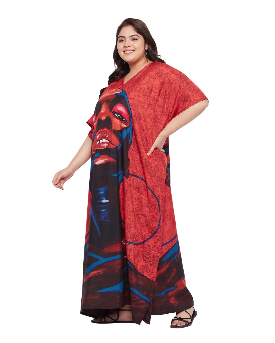 Kaftan Dress For Plus Size Women Tribal Printed Red Polyester