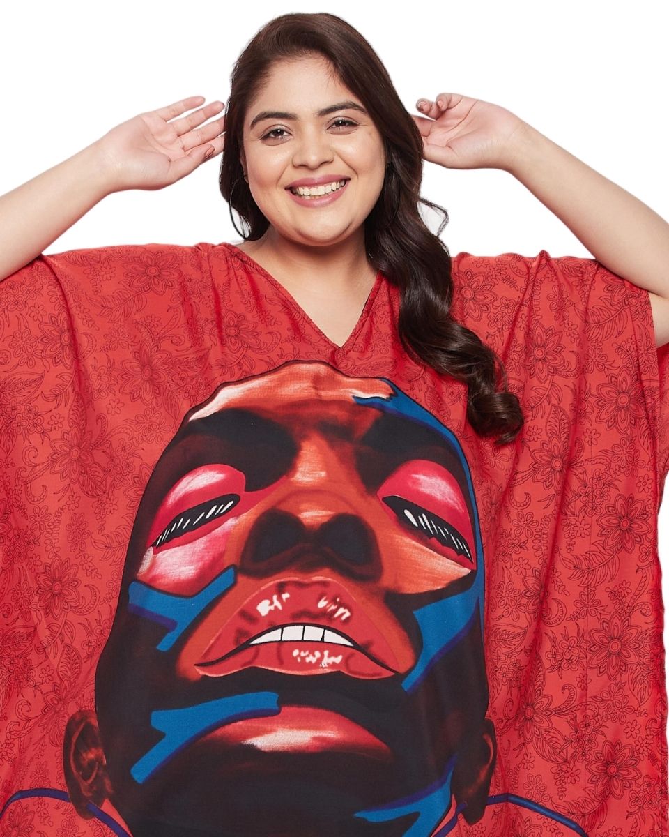Kaftan Dress For Plus Size Women Tribal Printed Red Polyester