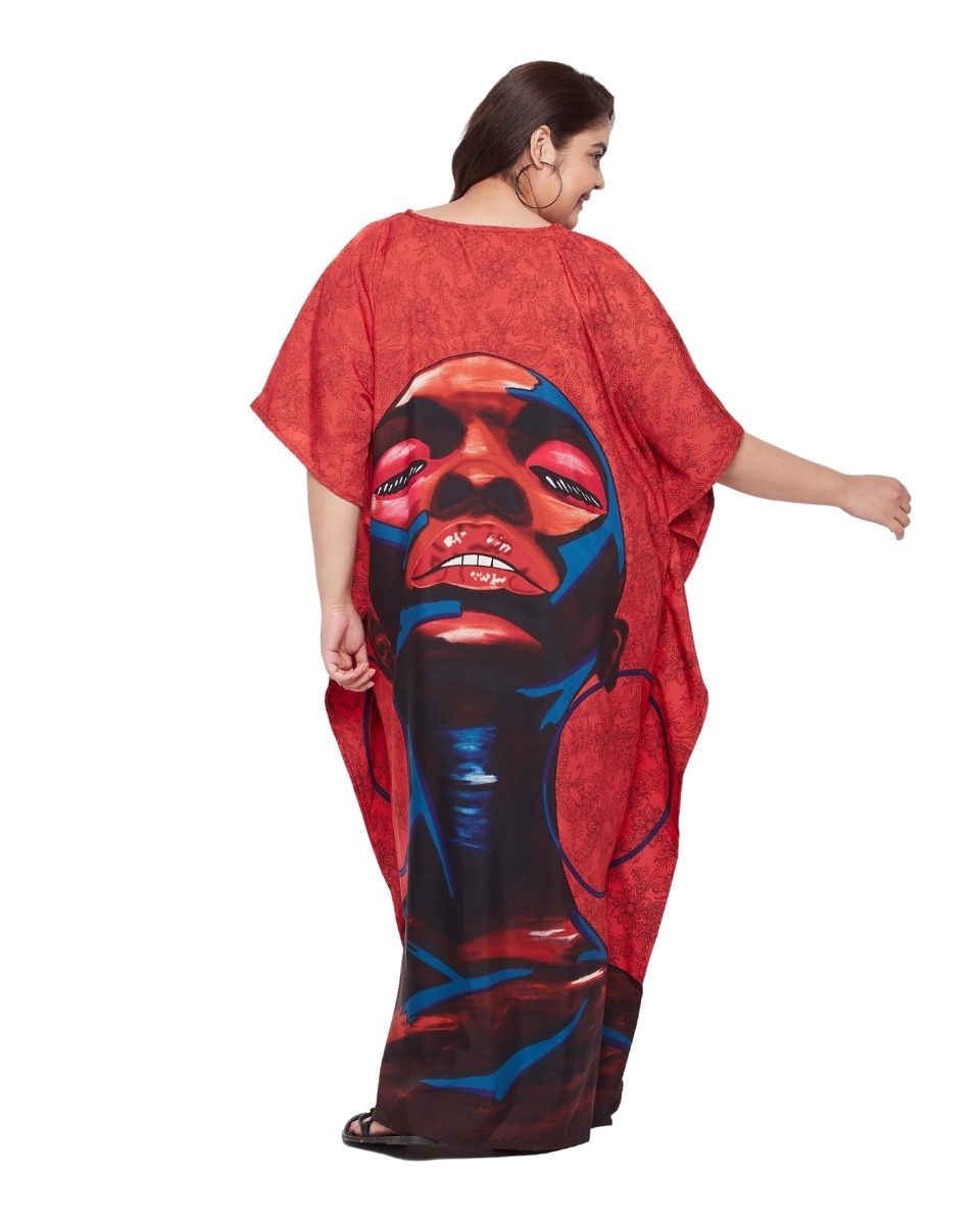 Kaftan Dress For Plus Size Women Tribal Printed Red Polyester