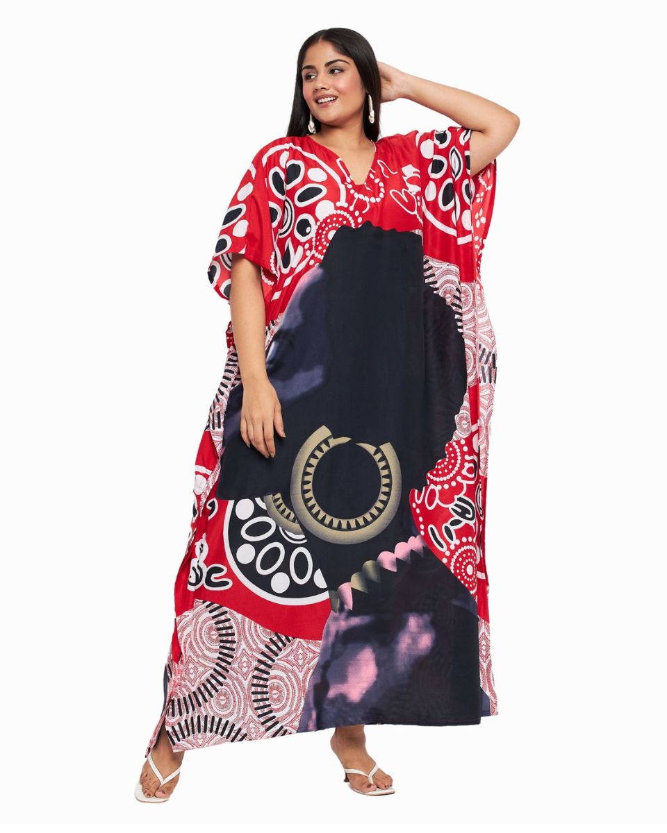 Polyester Red Tribal Printed Kaftan For Plus Size Women