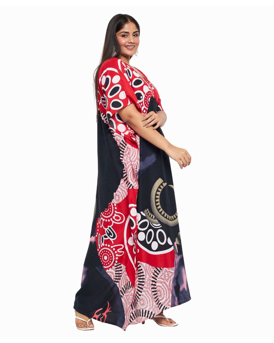 Polyester Red Tribal Printed Kaftan For Plus Size Women
