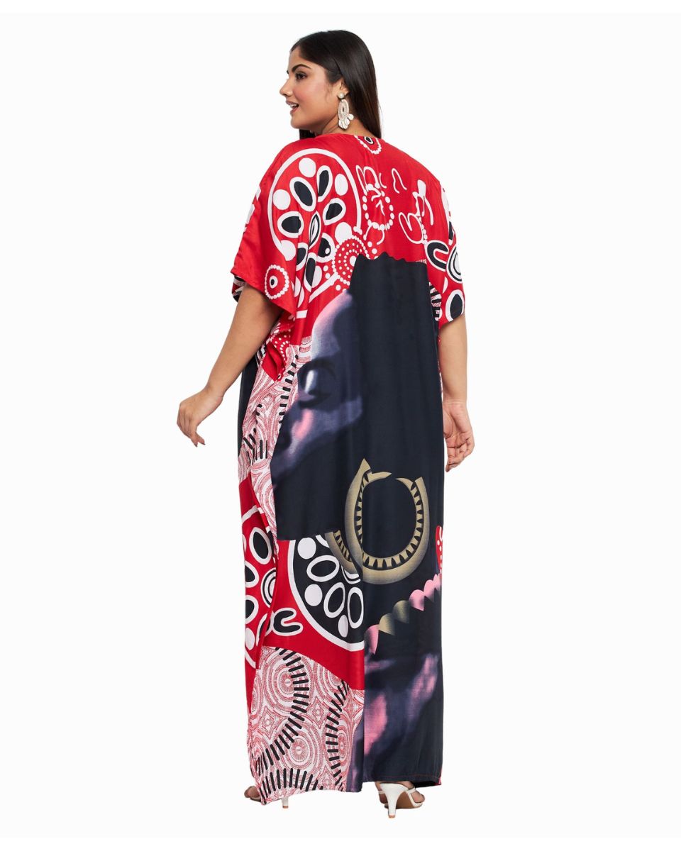 Polyester Red Tribal Printed Kaftan For Plus Size Women
