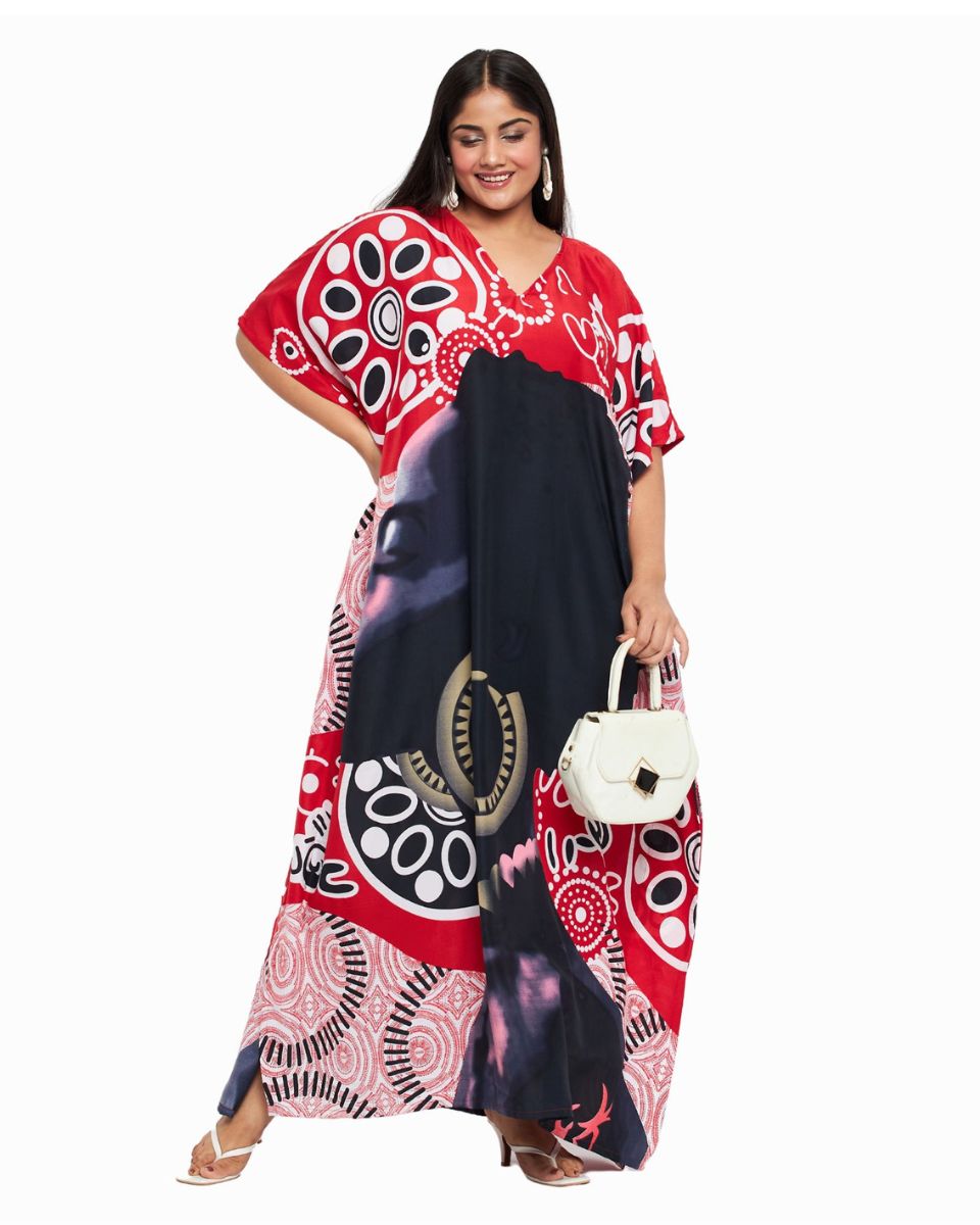 Polyester Red Tribal Printed Kaftan For Plus Size Women