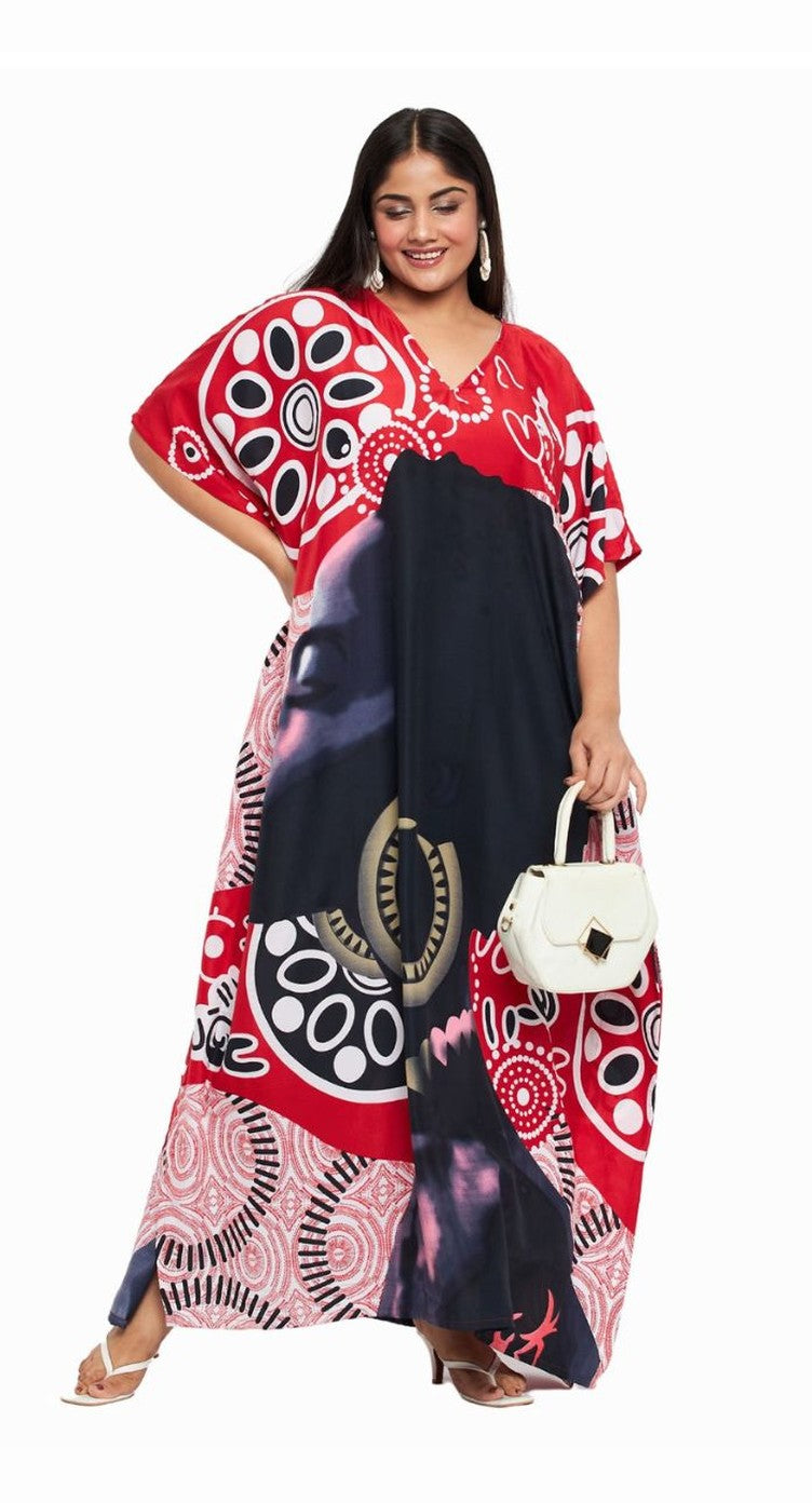 Red and navy medallion woman face colourblock print polyester plus size kaftan
