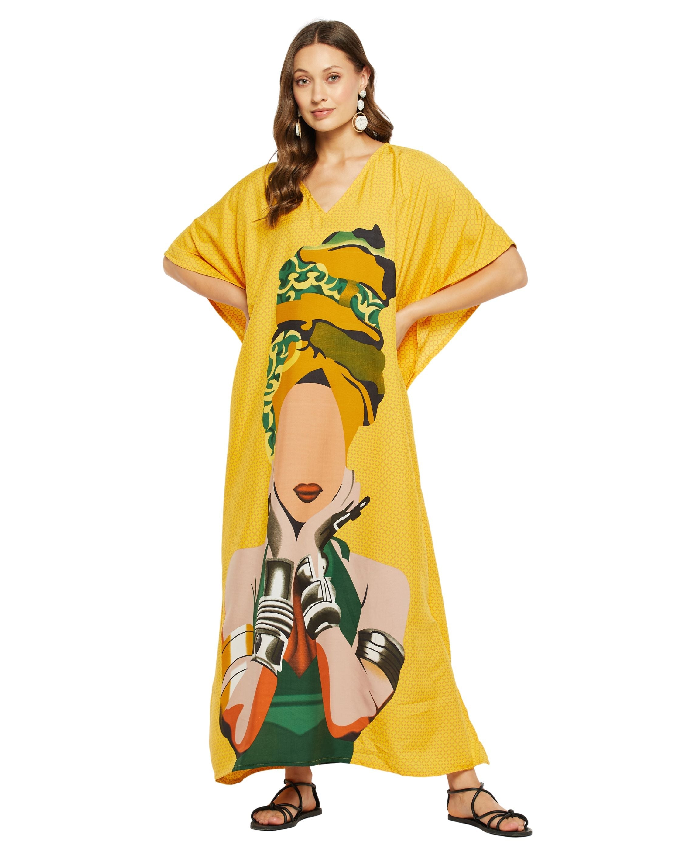 Tribal Printed Multicolor Polyester Kaftan For Plus Size Women