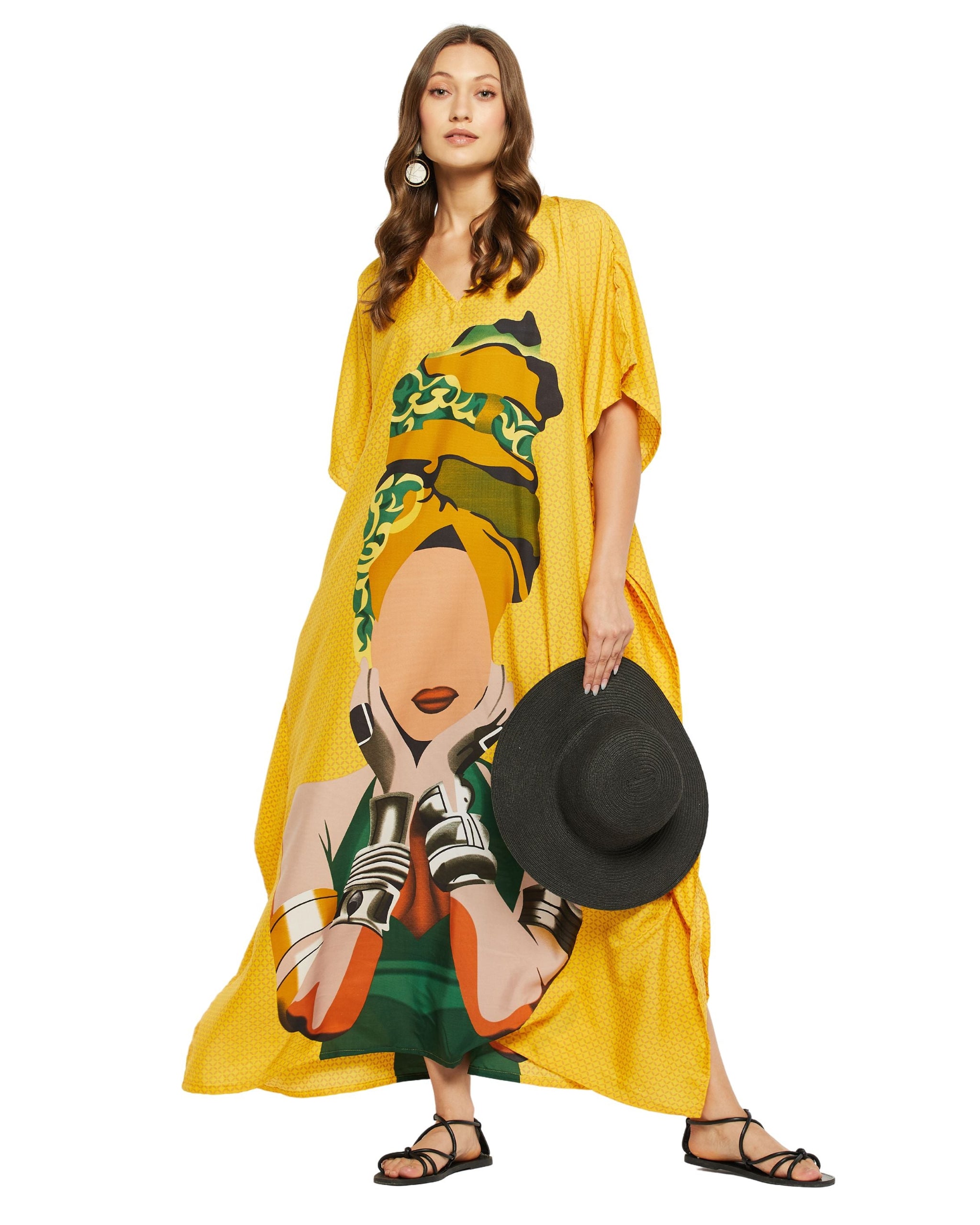 Tribal Printed Yellow Polyester Kaftan For Plus Size Women