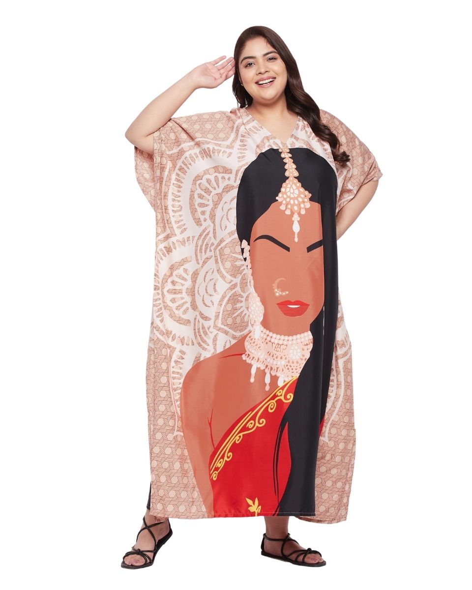 Women Tribal Printed Beige Polyester Kaftan Plus Size Dress